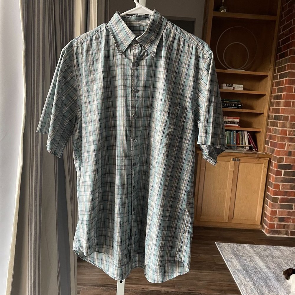 Scott Barber Short Sleeve Plaid Blue Button Up 100% Cotton Large